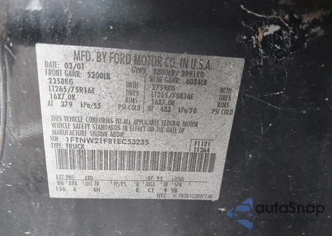 2001 Ford F-250 Lariat/Xl/Xlt from USA, damaged, VIN 1FTNW21F81EC53235